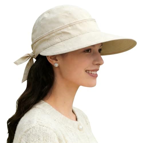 ADUDVLO Sun Hats for Women UK, Stylish UPF 50+ 2-in-1 Detachable Top & Adjustable Visor, Foldable Packable Wide Brim Beach Hat for Travel & Outdoor (Beige)