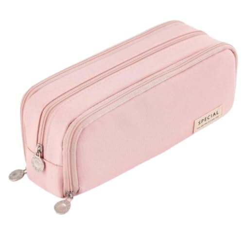 Large Capacity Pencil Case 3 Compartment Pouch Pen Bag for School, Pink