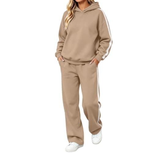 Womens Khaki Travel Outfits Two Piece Hoodie Trouser Set