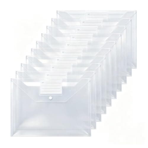 X-YSUNEAS Plastic Wallets A4 10 Pack Document File Folders with Label Pocket and Button Closure for Home Office School Office Supplies Storage(White)