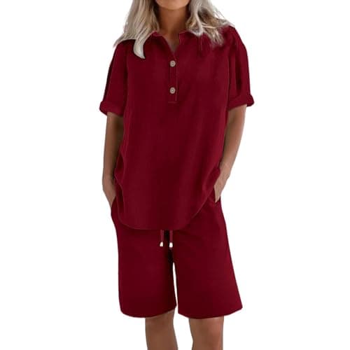 Travel Co Ord Sets for Women Burgundy Summer Cotton Linen Look 2 Piece Co-ord Set V Neck Short Sleeve Top and Elasticated Waist Shorts Casual Loungewear Outfit Size S-5XL