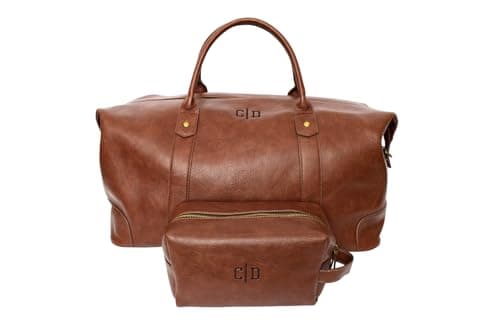 ZOEEDEN Personalised Travel Bag SET | Holdall Carry On Weekender Bag | Overnight Travel Duffel Bags for Men and Women | Wash bag and Travel for travel (Brown SET) 2 initials