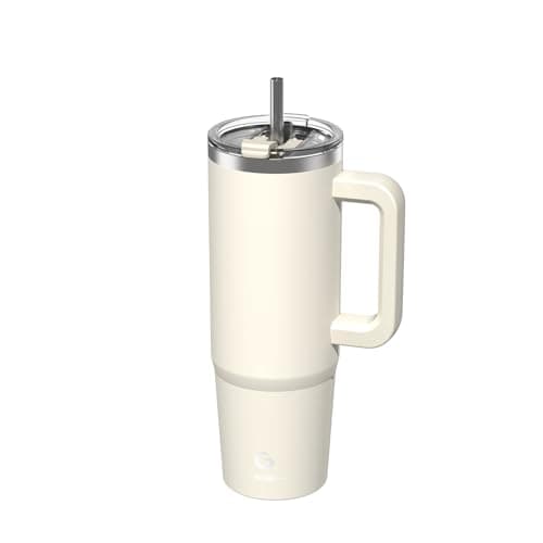 BIGRD 890ml Insulated Coffee Cup Travel Mug Double-Walled Stainless Steel Vacuum Leak-Proof Drinking Cup with Handle and Straw Thermal Tumbler,Beige