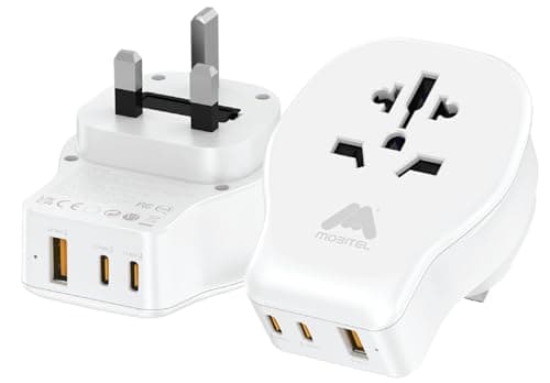 Mobitel Universal Travel Adapter UK with 20W USB-C PD 1 USB-A & 2 USB-C Ports Worldwide Plug Adapter for EU US AU Asia Fast Charging Power Adapter for Travel (White)