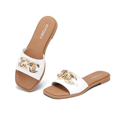 FITORY Women Flat Sandals Slip On Leather Slide Summer Pure White Size 7