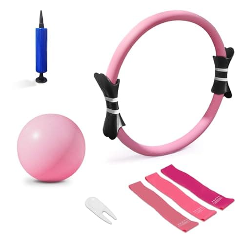 Pilates Ring Set, 14Inch Magic Circle, 9 inch Exercise Ball, 3 Resistance Bands (10/20/30 lbs), Home and Travel Pilates Equipment Kit for Toning, Strength & Flexibility