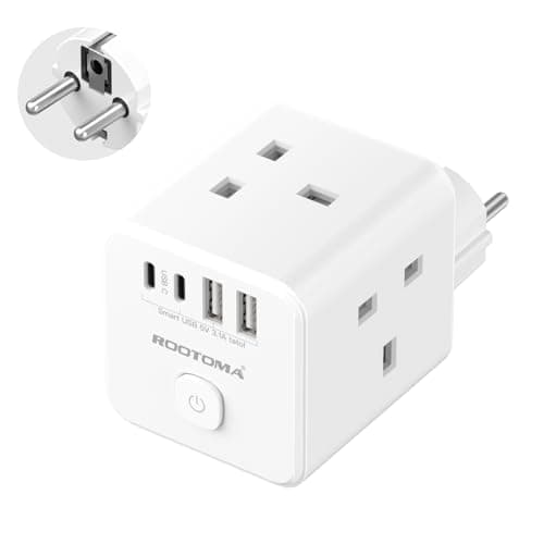 UK to EU Plug Adapter with 4 USB (2 USB-C), 3 Outlets with Switch, White