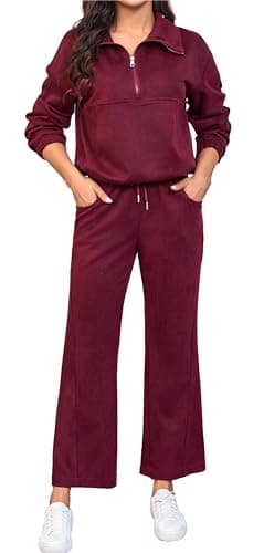 HAOZHIYU Womens 2 Piece Sets Travel Outfits Half Zip Sweatshirt And Wide Leg Sweatpant Airport Outfits for Women 2025, Burgundy, M