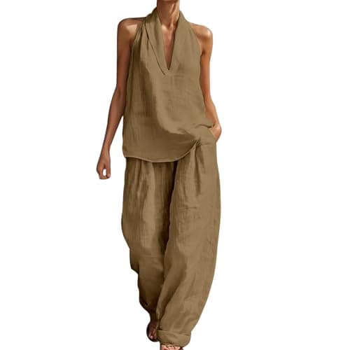 2 Piece Co Ord Sets for Women 2026 Summer Cotton Linen Lounge Wear Sets V Neck Sleeveless Tunic Tops & Wide Leg Trousers Loose Baggy Lightweight Womens Co Ord Set Holiday Travel Airport Outfits Gold