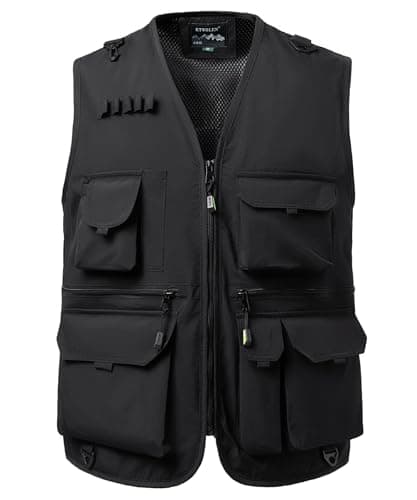 KTWOLEN Men's Utility Multi-Pocket Vest Lightweight Mesh Lined Outdoor Fishing Hiking Safari Sleeveless Jackets, Black, L