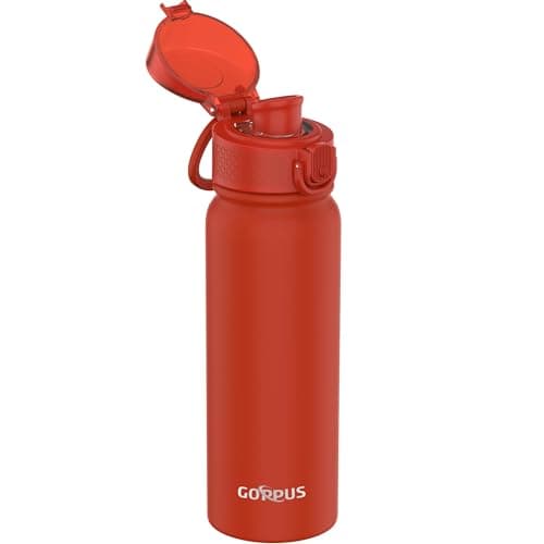 GOPPUS 600ml/20oz Insulated Water Bottle with Spout Lid (No Straw) Leakproof Stainless Steel Sports Bottle with One Hand Open Lid Double Wall Flask with Handle Keeps Drinks Cold BPA Free (Red)