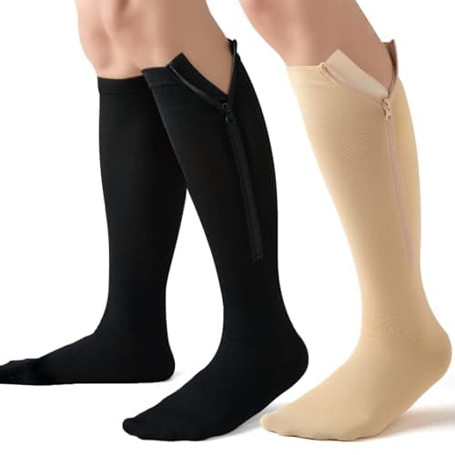 Owcorowan 2 Pairs Zipper Compression Socks, 15-20mmHg Closed Toe Knee High Compression Stockings for Women and Men, Black Nude, XXL