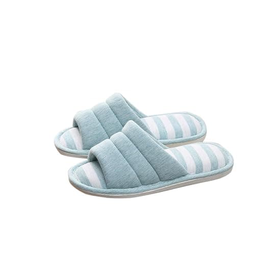 Home Slippers for Women Memory Foam Soft Cotton Indoor House Shoes Open Toe Slip on Stripe Slides Travel Hotel Spa Bedroom Slippers Blue