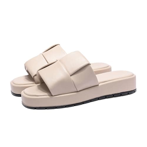 LUNATECH women's slide sandals open-toe mule sandals Woven vegan leather summer slide sandals slip-on Comfortable Indoor Outdoor Shoes (WAX, Adult, Women, 5, Numeric, UK Footwear Size System, Medium)