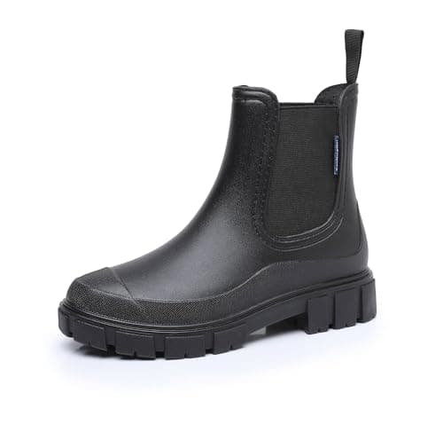 DRECAGE Wellies Boots Women Waterproof Short Chelsea Fashion Ladies Comfortable Rain Boots Outdoors Garden Walking Black 6 UK