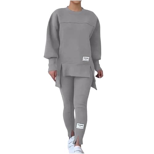 NSICBMNO Gray Womens Tracksuit Set 2 Piece Outfits Oversized Sweatshirts Gym Leggings Airport Out Long Jumpers Split Hem Trousers Casual Co Ord Sets Winter Lounge Wear Sets For Gym Sports Travel