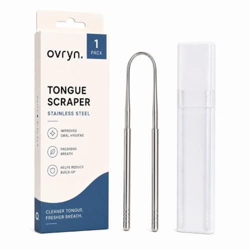 Ovryn Tongue Scraper Stainless Steel with Travel Case - Reusable Tongue Cleaner for Daily Oral Hygiene, Fresher Breath, Helps Reduce Tongue Build-Up & Odour-Causing Bacteria