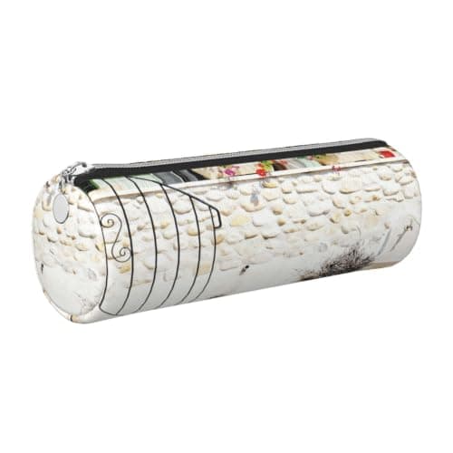 kkvhhyuo Leather Pencil PU Leather Cosmetic Makeup Bag, Stone House with Bike Printed Pen Bags with Silver Zipper Storage Box for School College Office Travel