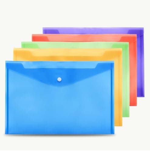Qcdou Plastic Wallets A4, 6Pcs Plastic Document Folder, Waterproof Wallets Folders, Document File Folders with Button, A4 Popper Wallets for Home Office School Organization Supplies