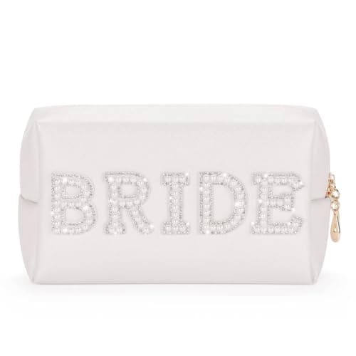 Bride Cosmetic Bag, Etercycle Bride to Be Gifts Bling Pearl Letter Rhinestone Patch Makeup Bag, Waterproof PU Travel Toiletry Bag for Bachelorette Party Women Wedding Bridal(Silver)