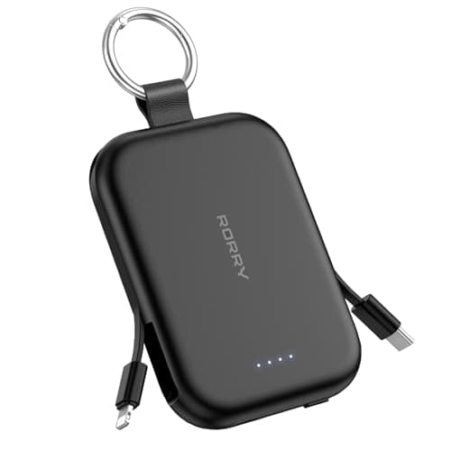 RORRY Portable Charger 5000mAh Power Bank with Built-in 2 Cables - Black