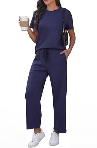 GRECERELLE Airport Two Piece Travel Outfits Set for Women Summer Short Sleeve Casual Crew Neck Tracksuit Womens Full Set Cap Sleeve Tops and Jogging Bottoms with Pockets (Navy Blue, L)