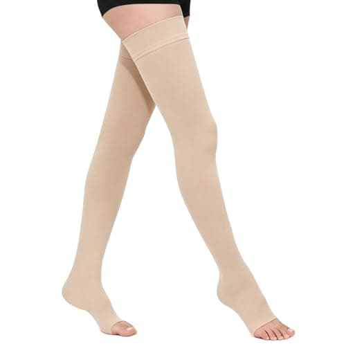 AOGOE Medical Open Toe Thigh High Compression Socks for Women & Men, 23-32 mmHg Open Toe Support Stockings with Anti-Slip Silicone Band, Graduated Compression Socks for Varicose Veins, Edema, Flight
