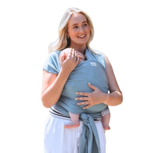 RYLOOBABY Baby Sling Carrier & Stretchy Baby Wrap – Newborn Baby Carrier 3.2–15 kg, Soft Cotton Hands-Free Babywearing Sling, Hip Healthy, One Size XXS–XXXL – Neutral Blue