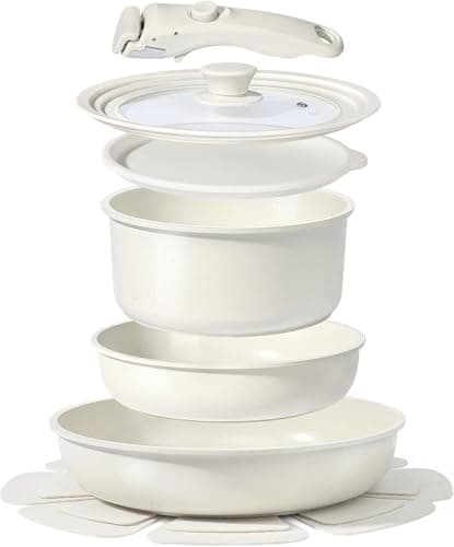 GiPP 8PCS Pots and Pans Set Non Stick,Granite Nonstick Kitchen Cookware Set with Detachable Handle, PFAS & PFOA Free, RV Cookware Set for Camping, Oven Safe(White,8PCS-Big Size)