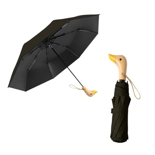 Travebo Travel Folding Umbrella with Cute Duck wooden Handle,Wide Strap,Rain/Sun,UPF 50+,UV Protection,Compact, Lightweight Portable, Sturdy & Collapsible,8 Ribs, Women/Kids,Backpack/Car, Dark black