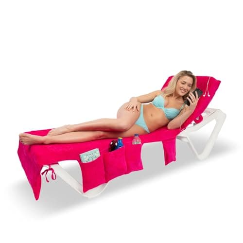 ITSA Velour Beach Towel with Pockets & Handles | 100% Cotton Foldable Sun Lounger Cover | Carry Bag | Secure Storage Beach Towel (Coral Pink)