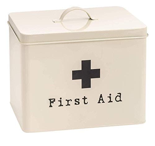 Harbour Housewares Vintage Metal First Aid Box - 29cm - Cream - Medical Storage Tin with Airtight Lid, Handle & 2-Tier Removable Organiser Tray - Steel Medicine Storage Plasters, Pills & Essentials