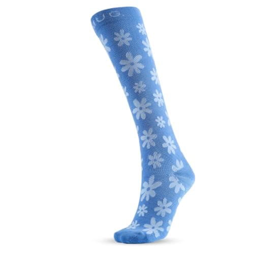 SMUG Bamboo Compression Socks 15–20 mmHg – Graduated Knee High Support Socks for Travel, Flying, Running, Nursing, Pregnancy & Everyday Wear | Blue Flowers (L/XL)