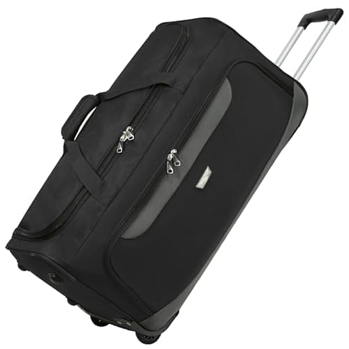 Rocklands® Lightweight Wheeled Holdall Medium Duffle Trolley Suitcase Thick Heavy-Duty Cross Nylon EVA-Backed Front, Hard Base Travel Bag (Medium - 28" (H72xW37xD36 cm), Black)