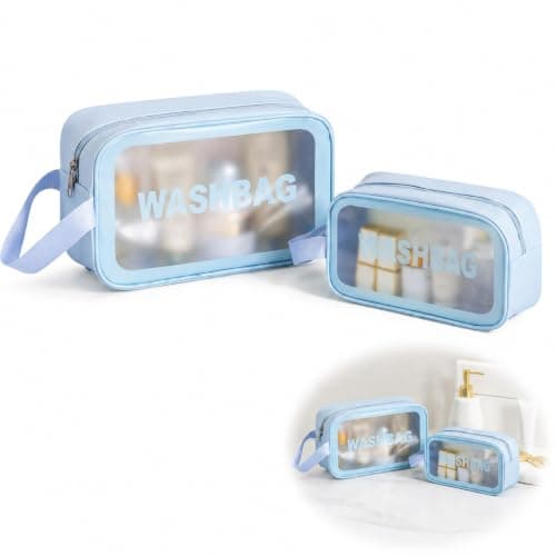 2-Pack Blue Clear PVC Toiletry Bag Set, Waterproof Travel Wash Pouches