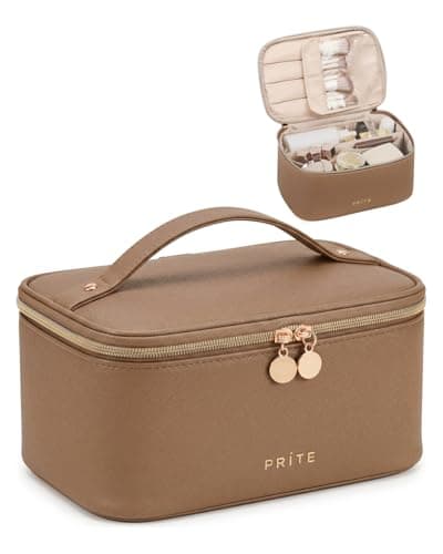 Prite Makeup Bag Toiletry Case for Women with Brush Holder, Brown, Standard