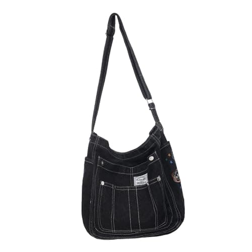 drburpily Shopping Pouch Shoulder Bag Women Denim Tote Bag Large Capacity Daily Beach Trips Or School Needs Birthday Or Anniversary. Lightweight Womens Denim, Black, 35x14x32cm
