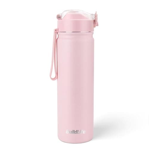 BuildLife 720ML Insulated Water Bottle with Straw,Leak Proof Double Walled Stainless Steel Metal Sports Water Bottles, BPA Free,Dishwasher Safe,Drinking Bottle for Travel,School,Gym (Pink)