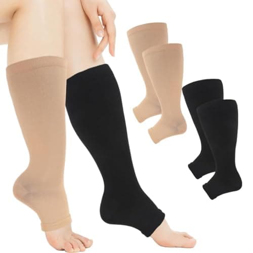 2 Pack Plus Size Wide Calf Compression Socks,20-30 mmHg Flight Socks for Women Large Calves,Toeless Open Toe Compression Socks for Women for Flight Athletic Nurse Support Travel, 3XL(Black,Skin)