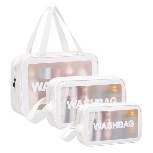 Aucuu 3PCS Clear Toiletry Bag, Wash Bag, Clear PU Makeup Bags, Waterproof Toiletry Travel Bags with Zipper Handle, Portable Airport Cosmetic B-ag for Travel Bathroom Men Women (White)