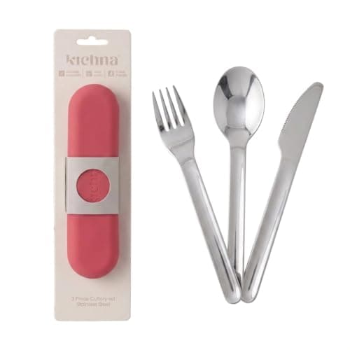Kichna Travel Cutlery Set with Silicone Case – Reusable Knife Fork Spoon Set, Stainless Steel Portable Utensils for Lunch Box, Work, Camping & Travel – Dusty Berry Red