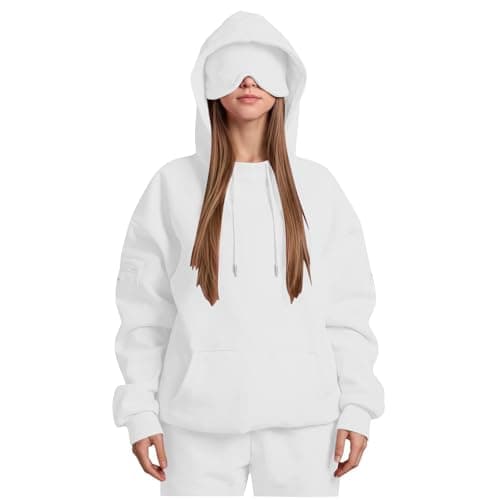 Ewleguzka Travel Hoodie with Eye Mask Built In,Comfrt Airplane Wearable Blanket Hoodie for Adults Men Women 4 Pockets White