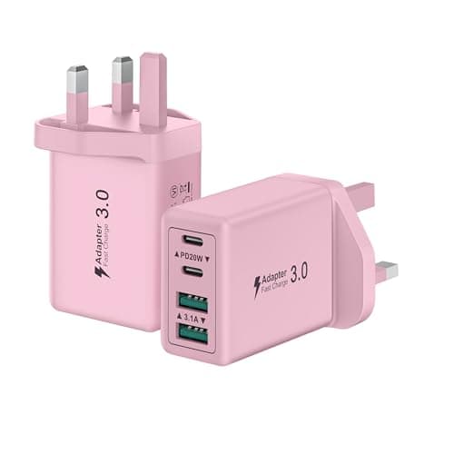 Saqykan 2-Pack 40W 4-Port Multi USB Plug UK Fast Charger Dual PD Power Adapter +QC Multiport Wall Charge Head Type C Fast Charging Plug for iPhone 17 16 15 14 13 12 11 Pro Max Plus, iPad