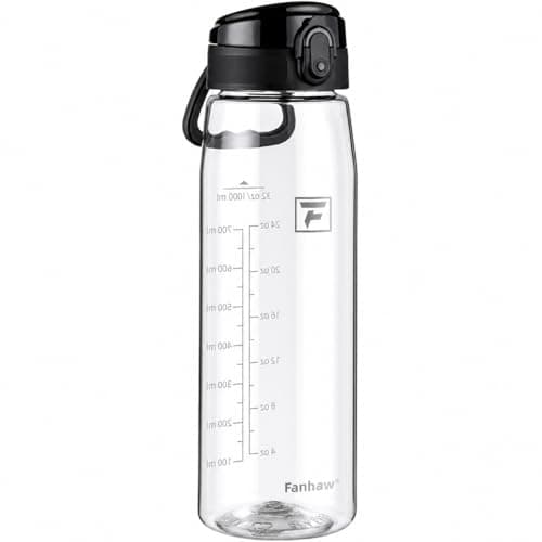 Fanhaw Sports Water Bottle 1L, Drinks Bottle with Chug Lid, BPA Free Leakproof Tritan Plastic Water Bottle, Wide Mouth Reusable Bottle for Gym, Travel, School, Office, Cycling & Hiking (Clear & Black)