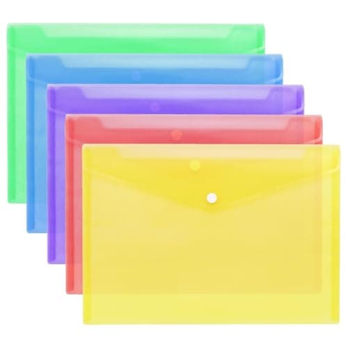 MIETONG 5 Pieces Folders for Documents - A4 Popper Wallets A4 Folders Plastic Document Folder Transparent Colours Plastic Envelopes with Snap Closures for School and Office