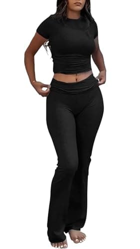 YETOWA Women's Yoga 2 Piece Outfits: Slim Short Sleeve Tops & Low Rise Flare Leggings Sets Versatile Fitness Sweatsuit, Black Short-sleeved Set, S
