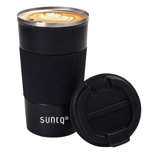 SUNTQ Reusable Coffee Cups Travel 510ml Coffee Travel Mug with Leakproof Lid - Thermal Mug Insulated Cup - Stainless Steel Travel Cup with Rubber Grip for Hot and Cold Drinks Black