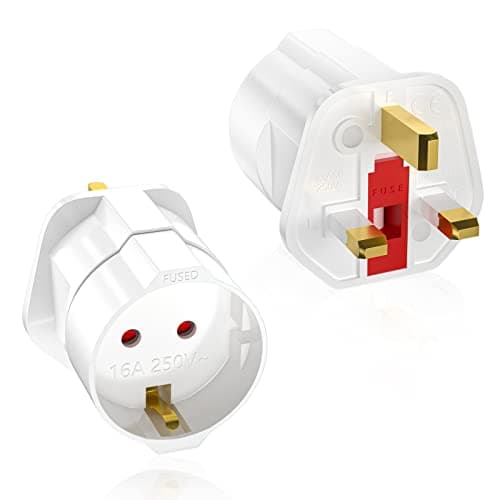 European to UK Plug Adaptor 2 Packs, EU to UK Plug Adapter with 13A Fuse, HITRENDS Plug Adapter 2 Pin to 3 Pin 3250W Max Travel Adaptor Euro to UK for France, Italy, Spain, Germany Euro to UK, White