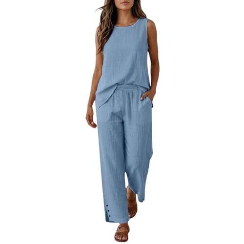 Blue Womens Linen Loungewear Set Sleeveless Top and Wide Leg Elastic Waist Trousers 2 Piece Lounge Wear Sets with Pockets Loose Fit Ladies Travel Tracksuit Fashionable Smart Casual Clothing Size 12