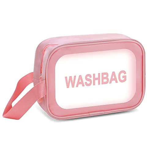 Clear Toiletry Bag, Clear Makeup Bags Waterproof Travel Toiletry Bag PVC Traveling Accessories Organizer Wash Bag Portable for Women Men (M-Pink)